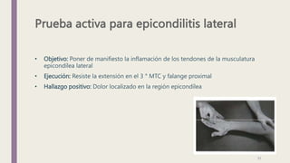 • Objetivo: Poner de manifiesto la inflamación de los tendones de la musculatura
epicondílea lateral
• Ejecución: Resiste la extensión en el 3 ° MTC y falange proximal
• Hallazgo positivo: Dolor localizado en la región epicondílea
31
 