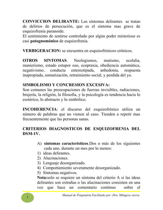 1
CONVICCION DELIRANTE: Los síntomas delirantes se tratan
de delirios de persecución, que es el síntoma mas grave de
esquizofrenia paranoide.
El sentimiento de sentirse controlado por algún poder misterioso es
casi patognomónico de esquizofrenia.
VERBIGERACION: se encuentra en esquizofrénicos crónicos.
OTROS SINTOMAS. Neologismos, mutismo, ecolalia,
manierismo, estado estupor oso, ecopraxia, obediencia automática,
negativismo, conducta estereotipada, anhedonia, respuesta
inapropiada, somatización, retraimiento social, y perdida del yo.
SIMBOLISMO Y CONCRESION EXCESIVA:
Son comunes las preocupaciones de fuerzas invisibles, radiaciones,
brujería, la religión, la filosofía, y la psicología es tendencia hacia lo
esotérico, lo abstracto y lo simbólico.
INCOHERENCIA: el discurso del esquizofrénico utiliza un
número de palabras que no vienen al caso. Tienden a repetir mas
frecuentemente que las personas sanas.
CRITERIOS DIAGNOSTICOS DE ESQUIZOFRENIA DEL
DSM-1V.
A) síntomas caracteristicos.Dos o más de los siguientes
cada uno. durante un mes por lo menos:
1) ideas delirantes.
2) Alucinaciones.
3) Lenguaje desorganizado.
4) Comportamiento severamente desorganizado.
5) Síntomas negativos.
Nota:solo se requiere un síntoma del criterio A si las ideas
delirantes son extrañas o las alucinaciones consisten en una
voz que hace un comentario continuo sobre el
Manual de Psiquiatría Facilitado por: Dra. Milagros sierra
 