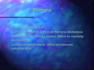 Memoria


Fornix: Amnesia global
Cuerpos mamilares: Déficit de memoria declarativa
Tálamo núcleos dorsal y medial: Déficit en memoria
declarativa
Corteza temporal lateral. Déficit en memoria
autobiográfica
 