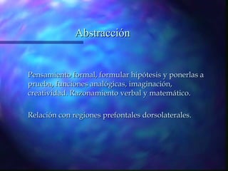 Abstracción


Pensamiento formal, formular hipótesis y ponerlas a
prueba, funciones analógicas, imaginación,
creatividad. Razonamiento verbal y matemático.

Relación con regiones prefontales dorsolaterales.
 
