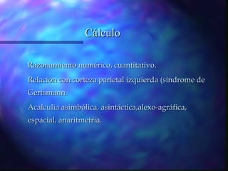 Cálculo

Razonamiento numérico, cuantitativo.
Relación con corteza parietal izquierda (síndrome de
Gertsmann.
Acalculia asimbólica, asintáctica,alexo-agráfica,
espacial, anaritmetria.
 