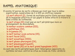 RAPPEL ANATOMIQUE:
Il existe 12 paires de nerfs crâniens qui n’ont pas tous la même
   signification, numérotées de I à XII en chiffres romains:
•   Le nerf olfactif (I), formé de multiples petits filets nerveux issus
   de la muqueuse olfactive et qui gagne le bulbe olfactif à travers la
   lame criblée de l’ethmoïde.
•   le nerf otique (II) n’est pas un nerf périphérique mais un
   prolongement du diencéphale.
•   le moteur oculaire commun (III),
•   le pathétique (IV),
•   le trijumeau (V),
•   le nerf moteur oculo externe (VI),
•   le nerf facial (VII),
•   le nerf acoustique (VIII),
•   le nerf glosso-pharyngien (IX),
•   le nerf pneumogastrique(X),
•   le nerf spinal (XI) et le nerf grand hypoglosse (XII).
Ce sont des nerfs périphériques dont l’émergence apparente du
   système nerveux central se situe au niveau du tronc cérébral.
 