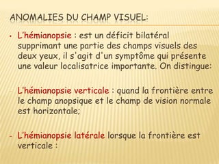 ANOMALIES DU CHAMP VISUEL:

•   L’hémianopsie : est un déficit bilatéral
    supprimant une partie des champs visuels des
    deux yeux, il s'agit d'un symptôme qui présente
    une valeur localisatrice importante. On distingue:

-   L’hémianopsie verticale : quand la frontière entre
    le champ anopsique et le champ de vision normale
    est horizontale;

Ŕ   L’hémianopsie latérale lorsque la frontière est
    verticale :
 