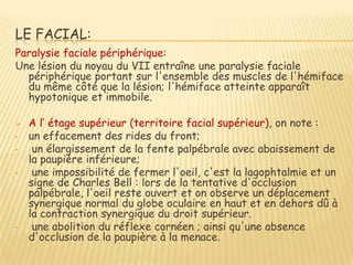 LE FACIAL:
Paralysie faciale périphérique:
Une lésion du noyau du VII entraîne une paralysie faciale
  périphérique portant sur l'ensemble des muscles de l'hémiface
  du même côté que la lésion; l'hémiface atteinte apparaît
  hypotonique et immobile.

   A l’ étage supérieur (territoire facial supérieur), on note :
•   un effacement des rides du front;
•    un élargissement de la fente palpébrale avec abaissement de
    la paupière inférieure;
•    une impossibilité de fermer l'oeil, c'est la lagophtalmie et un
    signe de Charles Bell : lors de la tentative d'occlusion
    palpébrale, l'oeil reste ouvert et on observe un déplacement
    synergique normal du globe oculaire en haut et en dehors dû à
    la contraction synergique du droit supérieur.
•    une abolition du réflexe cornéen ; ainsi qu'une absence
    d'occlusion de la paupière à la menace.
 