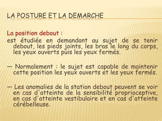 LA POSTURE ET LA DEMARCHE

La position debout :
est étudiée en demandant au sujet de se tenir
  debout, les pieds joints, les bras le long du corps,
  les yeux ouverts puis les yeux fermés.

ŕ Normalement : le sujet est capable de maintenir
 cette position les yeux ouverts et les yeux fermés.

ŕ Les anomalies de la station debout peuvent se voir
 en cas d'atteinte de la sensibilité proprioceptive,
 en cas d'atteinte vestibulaire et en cas d'atteinte
 cérébelleuse.
 