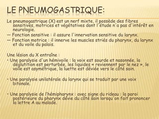 LE PNEUMOGASTRIQUE:
Le pneumogastrique (X) est un nerf mixte, il possède des fibres
   sensitives, motrices et végétatives dont l'étude n'a pas d'intérêt en
   neurologie.
ŕ Fonction sensitive : il assure l'innervation sensitive du larynx.
ŕ Fonction motrice : il innerve les muscles striés du pharynx, du larynx
   et du voile du palais.

Une lésion du X entraîne :
• Une paralysie d'un hémivoile : la voix est sourde et nasonnée, la
   déglutition est perturbée, les liquides « reviennent par le nez », le
   voile est asymétrique, la luette est déviée vers le côté sain.

• Une paralysie unilatérale du larynx qui se traduit par une voix
   bitonale.

• Une paralysie de l’hémipharynx : avec signe du rideau : la paroi
   postérieure du pharynx dévie du côté sain lorsqu'on fait prononcer
   la lettre A au malade.
 