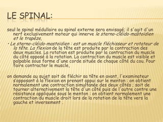 LE SPINAL:
seul le spinal médullaire ou spinal externe sera envisagé; il s'agit d'un
   nerf exclusivement moteur qui innerve le sterno-cléido-mastoïdien
   et le trapèze,
• Le sterno-cléido-mastoïdien : est un muscle fléchisseur et rotateur de
   la tête. La flexion de la tête est produite par la contraction des
   deux muscles. La rotation est produite par la contraction du muscle
   du côté opposé à la rotation. La contraction du muscle est visible et
   palpable sous forme d'une corde située de chaque côté du cou. Pour
   faire contracter le muscle,

on demande au sujet soit de fléchir sa tête en avant, l'examinateur
   s’opposant à la flexion en prenant appui sur le menton : on obtient
   normalement une contraction simultanée des deux côtés ; soit de
   tourner alternativement la tête d'un côté puis de l'autre contre une
   résistance appliquée sous le menton : on obtient normalement une
   contraction du muscle droit lors de la rotation de la tête vers la
   gauche et inversement .
 