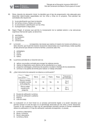 11240220112081
28
“Década de la Educación Inclusiva 2003-2012”
“Año del Centenario de Machu Picchu para el mundo”
95. Elena, docente de educación inicial, ha decidido que el tipo de programación más adecuado para
desarrollar determinadas capacidades con los niños y niñas es un proyecto. Para plantear las
actividades ella requiere de:
A. la pre-planificación que hace la docente.
B. las fechas cívicas y fiestas comunales.
C. la concertación o planificación con los niños.
D. la programación a largo plazo.
96. Según Piaget, el proceso que permite la incorporación de la realidad exterior a las estructuras
cognitivas internas del sujeto, se denomina:
A. asimilación.
B. acomodación.
C. equilibrio.
D. conservación.
97. La función …………… corresponde a las tareas que realiza el maestro de manera simultánea a su
labor docente, que le permite resolver situaciones relacionadas con el aprendizaje y todas aquellas
de tipo personal que afectan el entorno familiar y social de cada niño.
A. pedagógica.
B. social.
C. tutorial.
D. lúdica.
98. La primera actividad de un docente tutor es:
A. aplicar una prueba e entrada para recoger los saberes previos.
B. realizar el diagnóstico socio-afectivo de los estudiantes a su cargo.
C. programar estrategias y dinámicas de acuerdo a la edad e intereses de los estudiantes.
D. convocar a los padres de familia para realizar un trabajo articulado.
99. ¿Qué instrumento de evaluación se observa a continuación?
María Juan Pedro Rosa
Frecuencia
del Indicador
Dice su nombre
completo cuando
se le pregunta.
Sí Sí No Sí
Sí=3
No=1
Dice su edad
cuando se le
pregunta.
No No Sí No
Sí=1
No=3
A. Escala de calificación numérica
B. Escala de calificación cualitativa
C. Rúbrica
D. Lista de cotejo
100. La evaluación en el nivel Inicial es un proceso permanente ligado a la acción educativa que
permite conocer el nivel de logro en el aprendizaje alcanzado por los niños y tomar decisiones.
Cuando el niño evidencia el logro de los aprendizajes previstos durante el tiempo establecido,
obtiene la calificación A. El tipo de calificación realizada corresponde a la escala:
A. numérica y descriptiva.
B. literal y numérica.
C. literal y descriptiva.
D. numérica y literal.
Niños
Indicadores
 