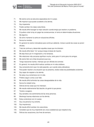 11240220112081
49
“Década de la Educación Inclusiva 2003-2012”
“Año del Centenario de Machu Picchu para el mundo”
71. Me siento como se estuviera separado(a) de mi cuerpo.
72. Me importa lo que puedo sucederle a los demás.
73. Soy impaciente.
74. Puedo cambiar mis viejas costumbres.
75. Me resulta difícil escoger la mejor solución cuando tengo que resolver un problema.
76. Si pudiera violar la ley sin pagar las consecuencias, lo haría en determinadas situaciones.
77. Me deprimo.
78. Sé cómo mantener la calma en situaciones difíciles.
79. Nunca he mentido.
80. En general me siento motivado(a) para continuar adelante, incluso cuando las cosas se ponen
difíciles.
81. Trato de continuar y desarrollar aquellas cosas que me divierten.
82. Me resulta difícil decir “no” aunque tenga el deseo de hacerlo.
83. Me dejo llevar por mi imaginación y mis fantasías.
84. Mis relaciones más cercanas significan mucho, tanto para mí como para mis amigos.
85. Me siento feliz con el tipo de persona que soy.
86. Tengo reacciones fuertes, intensas que son difíciles de controlar.
87. En general, me resulta difícil realizar cambios en mi vida cotidiana.
88. Soy consciente de lo que me está pasando, aun cuando estoy alterado(a).
89. Para poder resolver una situación que se presenta, analizo todas las posibilidades existentes.
90. Soy capaz de respetar a los demás.
91. No estoy muy contento(a) con mi vida.
92. Prefiero seguir a otros a ser líder.
93. Me resulta difícil enfrentar las cosas desagradables de la vida.
94. Nunca he violado la ley.
95. Disfruto de las cosas que me interesan.
96. Me resulta relativamente fácil decirle a la gente lo que pienso.
97. Tiendo a exagerar.
98. Soy sensible a los sentimientos de las otras personas.
99. Mantengo buenas relaciones con los demás.
100. Estoy contento(a) con mi cuerpo.
101. Soy una persona muy extraña.
102. Soy impulsivo(a).
103. Me resulta difícil cambiar mis costumbres.
104. Considero que es muy importante ser un(a) ciudadano(a) que respeta la ley.
105. Disfruto las vacaciones y los fines de semana.
 