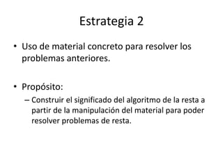 Estrategia 2
• Uso de material concreto para resolver los
problemas anteriores.
• Propósito:
– Construir el significado del algoritmo de la resta a
partir de la manipulación del material para poder
resolver problemas de resta.
 