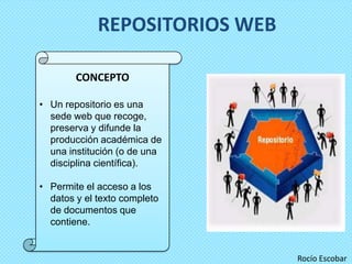 REPOSITORIOS WEB

        CONCEPTO

• Un repositorio es una
  sede web que recoge,
  preserva y difunde la
  producción académica de
  una institución (o de una
  disciplina científica).

• Permite el acceso a los
  datos y el texto completo
  de documentos que
  contiene.


                                Rocío Escobar
 