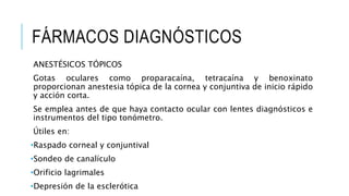 FÁRMACOS DIAGNÓSTICOS
ANESTÉSICOS TÓPICOS
Gotas oculares como proparacaína, tetracaína y benoxinato
proporcionan anestesia tópica de la cornea y conjuntiva de inicio rápido
y acción corta.
Se emplea antes de que haya contacto ocular con lentes diagnósticos e
instrumentos del tipo tonómetro.
Útiles en:
•Raspado corneal y conjuntival
•Sondeo de canalículo
•Orificio lagrimales
•Depresión de la esclerótica
 