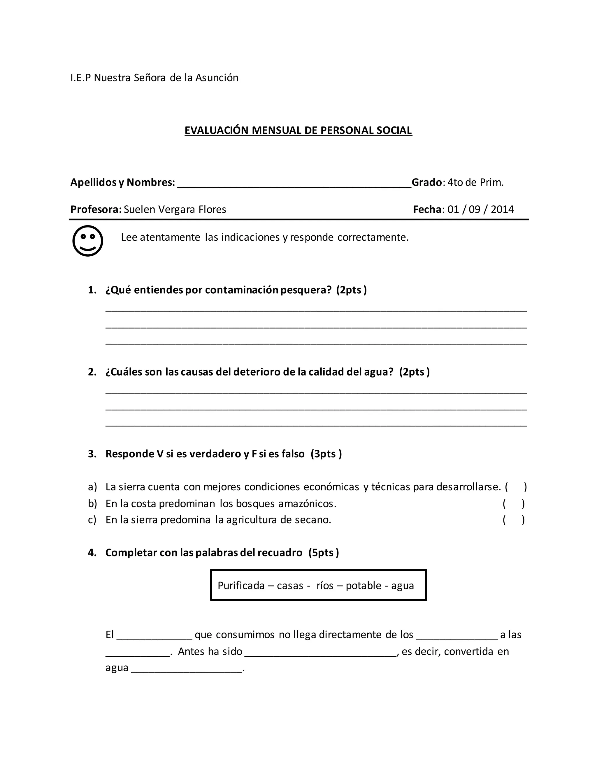 Examen de personal social 4to primaria | DOCX