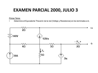 EXAMEN PARCIAL 2000, JULIO 3
Primer Tema:
• Determine el Equivalente Thevenin de la red (Voltaje y Resistencia) en los terminales a-b.
𝑰 𝒙
- 𝑽 𝒙 +
+a
-b
 