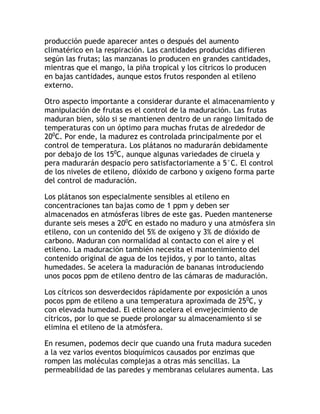 producción puede aparecer antes o después del aumento
climatérico en la respiración. Las cantidades producidas difieren
según las frutas; las manzanas lo producen en grandes cantidades,
mientras que el mango, la piña tropical y los cítricos lo producen
en bajas cantidades, aunque estos frutos responden al etileno
externo.
Otro aspecto importante a considerar durante el almacenamiento y
manipulación de frutas es el control de la maduración. Las frutas
maduran bien, sólo si se mantienen dentro de un rango limitado de
temperaturas con un óptimo para muchas frutas de alrededor de
200
C. Por ende, la madurez es controlada principalmente por el
control de temperatura. Los plátanos no madurarán debidamente
por debajo de los 150
C, aunque algunas variedades de ciruela y
pera madurarán despacio pero satisfactoriamente a 5°C. El control
de los niveles de etileno, dióxido de carbono y oxígeno forma parte
del control de maduración.
Los plátanos son especialmente sensibles al etileno en
concentraciones tan bajas como de 1 ppm y deben ser
almacenados en atmósferas libres de este gas. Pueden mantenerse
durante seis meses a 200
C en estado no maduro y una atmósfera sin
etileno, con un contenido del 5% de oxígeno y 3% de dióxido de
carbono. Maduran con normalidad al contacto con el aire y el
etileno. La maduración también necesita el mantenimiento del
contenido original de agua de los tejidos, y por lo tanto, altas
humedades. Se acelera la maduración de bananas introduciendo
unos pocos ppm de etileno dentro de las cámaras de maduración.
Los cítricos son desverdecidos rápidamente por exposición a unos
pocos ppm de etileno a una temperatura aproximada de 250
C, y
con elevada humedad. El etileno acelera el envejecimiento de
cítricos, por lo que se puede prolongar su almacenamiento si se
elimina el etileno de la atmósfera.
En resumen, podemos decir que cuando una fruta madura suceden
a la vez varios eventos bioquímicos causados por enzimas que
rompen las moléculas complejas a otras más sencillas. La
permeabilidad de las paredes y membranas celulares aumenta. Las
 