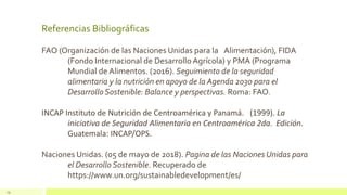 13
Referencias Bibliográficas
FAO (Organización de las Naciones Unidas para la Alimentación), FIDA
(Fondo Internacional de Desarrollo Agrícola) y PMA (Programa
Mundial de Alimentos. (2016). Seguimiento de la seguridad
alimentaria y la nutrición en apoyo de la Agenda 2030 para el
Desarrollo Sostenible: Balance y perspectivas. Roma: FAO.
INCAP Instituto de Nutrición de Centroamérica y Panamá. (1999). La
iniciativa de Seguridad Alimentaria en Centroamérica 2da. Edición.
Guatemala: INCAP/OPS.
Naciones Unidas. (05 de mayo de 2018). Pagina de las Naciones Unidas para
el Desarrollo Sostenible. Recuperado de
https://www.un.org/sustainabledevelopment/es/
 