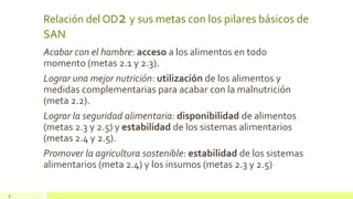 Relación del OD2 y sus metas con los pilares básicos de
SAN
Acabar con el hambre: acceso a los alimentos en todo
momento (metas 2.1 y 2.3).
Lograr una mejor nutrición: utilización de los alimentos y
medidas complementarias para acabar con la malnutrición
(meta 2.2).
Lograr la seguridad alimentaria: disponibilidad de alimentos
(metas 2.3 y 2.5) y estabilidad de los sistemas alimentarios
(metas 2.4 y 2.5).
Promover la agricultura sostenible: estabilidad de los sistemas
alimentarios (meta 2.4) y los insumos (metas 2.3 y 2.5)
9
 