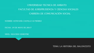 UNIVERSIDAD TECNICA DE AMBATO
FACULTAD DE JURISPRUDENCIA Y CIENCIAS SOCIALES
CARRERA DE COMUNICACIÓN SOCIAL
NOMBRE: ESTEFANÍA CASTILLO GUTIERREZ
FECHA: 19 DE MAYO DE 2017
NIVEL: SEGUNDO SEMESTRE
TEMA: LA HISTORIA DEL BALONCESTO
 