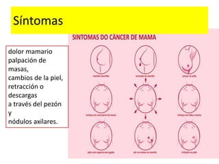 Síntomas
dolor mamario
palpación de
masas,
cambios de la piel,
retracción o
descargas
a través del pezón
y
nódulos axilares.
 