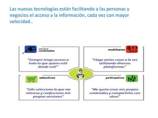 Las nuevas tecnologías están facilitando a las personas y
negocios el acceso a la información, cada vez con mayor
velocidad..

 