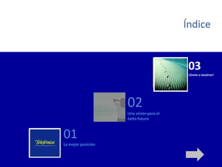 Índice

03
¡Únete a nosotros!

02
Una visión para el
éxito futuro

01
La mejor posición

 
