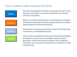Y que se adapta a todos los grupos de interés
Clientes

Poner las necesidades del cliente en el centro de todo lo que
hacemos, para lograr su máxima satisfacción con nuestros
servicios y soluciones.

Empleados

Ofrecer a nuestros profesionales el mejor lugar para trabajar,
atrayendo y reteniendo el talento y garantizando las mejores
oportunidades de desarrollo personal.

Accionistas

Sociedad

Proporcionar a nuestros accionistas la mejor combinación de
crecimiento y rentabilidad del sector.
Actuar como un importante motor del desarrollo tecnológico,
económico y social en las comunidades donde estamos
presentes, combinando nuestra ambición de ser globales y
eficientes, con la vocación de satisfacer los requisitos de cada
mercado local.

 