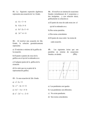 11.- La Siguiente expresión algebraica
representa una ecuación de 1er. Grado.
a) 1/x + 3 = 0
b) 0.2x -3= 0
c) 5x2
+ 2x -5 = 0
d) 2x1/2
-6 = 0
12.- Al resolver una ecuación de 2do.
Grado, la solución geométricamente
representa:
a) El máximo o mínimo de la gráfica de
la ecuación.
b) El punto o puntos de cruce de la
gráfica con el eje de la ordenada en x.
c) Cualquier punto de la gráfica de la
ecuación.
d) Un valor que no es parte de la
representación gráfica.
13.- Es una ecuación de 2do. Grado.
a) x2
- 3x = 9
b) x1/2
– 4x +2 = 0
c) 1/x2
+ 3x + 3= 0
d) x3
– 2x2
+ x – 2= 0
14.- Al resolver un sistema de ecuaciones
lineales (simultaneas) de 2 ecuaciones y
dos incógnitas, y con solución única,
gráficamente su solución es:
a) El punto de cruce de cada recta con el
eje de la ordenada en x.
b) Dos rectas paralelas.
c) Dos rectas coincidentes
d) El punto de cruce entre las rectas de
cada ecuación.
15.- Las siguientes rectas que son
paralelas un sistema de ecuaciones
lineales, en donde: (5%)
a) Las pendientes son iguales
b) Las pendientes son diferentes.
c) No existe pendiente.
d) Son rectas coincidentes.
 