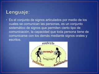 • Es el conjunto de signos articulados por medio de los
cuales se comunican las personas, es un conjunto
sistemático de signos que permiten cierto tipo de
comunicación, la capacidad que toda persona tiene de
comunicarse con los demás mediante signos orales y
escritos.
 