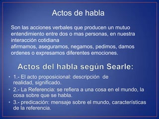 • 1.- El acto proposicional: descripción de
realidad, significado.
• 2.- La Referencia: se refiera a una cosa en el mundo, la
cosa sobre que se habla.
• 3.- predicación: mensaje sobre el mundo, características
de la referencia.
Actos de habla
Son las acciones verbales que producen un mutuo
entendimiento entre dos o mas personas, en nuestra
interacción cotidiana
afirmamos, aseguramos, negamos, pedimos, damos
ordenes o expresamos diferentes emociones.
 
