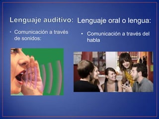 • Comunicación a través
de sonidos:
Lenguaje oral o lengua:
• Comunicación a través del
habla
 