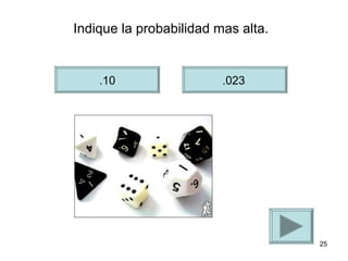 Indique la probabilidad mas alta.


    .10                  .023




                                    25
 