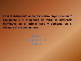 2) Si el sustraendo aumenta o disminuye un número
cualquiera y el minuendo no varía, la diferencia
disminuye en el primer caso y aumenta en el
segundo el mismo número.

                    10-3=7
                10-(3+5)= 7 – 5
                    10-8= 2
 