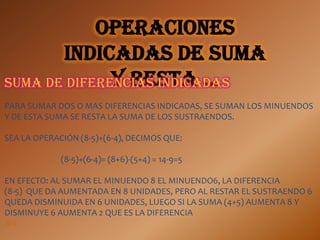 Operaciones
       indicadas de suma
              y resta …
Suma de diferencias indicadas
PARA SUMAR DOS O MAS DIFERENCIAS INDICADAS, SE SUMAN LOS MINUENDOS
Y DE ESTA SUMA SE RESTA LA SUMA DE LOS SUSTRAENDOS.

SEA LA OPERACIÓN (8-5)+(6-4), DECIMOS QUE:

             (8-5)+(6-4)= (8+6)-(5+4) = 14-9=5

EN EFECTO: AL SUMAR EL MINUENDO 8 EL MINUENDO6, LA DIFERENCIA
(8-5) QUE DA AUMENTADA EN 8 UNIDADES, PERO AL RESTAR EL SUSTRAENDO 6
QUEDA DISMINUIDA EN 6 UNIDADES, LUEGO SI LA SUMA (4+5) AUMENTA 8 Y
DISMINUYE 6 AUMENTA 2 QUE ES LA DIFERENCIA
8-6
 