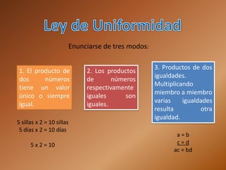 Enunciarse de tres modos:

                                                   3. Productos de dos
 1. El producto de          2. Los productos
                                                   igualdades.
 dos      números           de       números
                                                   Multiplicando
 tiene un valor             respectivamente
                                                   miembro a miembro
 único o siempre            iguales      son
                                                   varias    igualdades
 igual.                     iguales.
                                                   resulta         otra
                                                   igualdad.
5 sillas x 2 = 10 sillas
 5 días x 2 = 10 días
                                                          a=b
      5 x 2 = 10                                          c=d
                                                         ac = bd
 