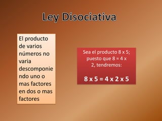 El producto
de varios
números no     Sea el producto 8 x 5;
                puesto que 8 = 4 x
varia
                  2, tendremos:
descomponie
ndo uno o      8x5=4x2x5
mas factores
en dos o mas
factores
 