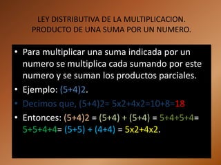 LEY DISTRIBUTIVA DE LA MULTIPLICACION.
    PRODUCTO DE UNA SUMA POR UN NUMERO.

• Para multiplicar una suma indicada por un
  numero se multiplica cada sumando por este
  numero y se suman los productos parciales.
• Ejemplo: (5+4)2.
• Decimos que, (5+4)2= 5x2+4x2=10+8=18
• Entonces: (5+4)2 = (5+4) + (5+4) = 5+4+5+4=
  5+5+4+4= (5+5) + (4+4) = 5x2+4x2.
 