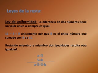 Leyes de la resta:

Ley de uniformidad: La diferencia de dos números tiene
un valor único o siempre es igual.

11 – 3 = 8 únicamente por que 8 es el único número que
sumado con 3 da 11.

Restando miembro a miembro dos igualdades resulta otra
igualdad.
                       a=3
                       5=b
                     a-5=3-b
 