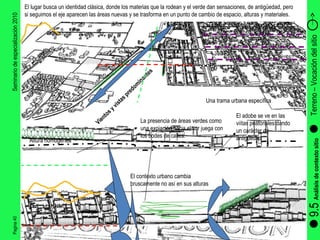 Pagina 40 Seminario de especialización 2010 Terreno – Vocación del sitio  9.5  Análisis de contexto sitio Altura homogénea Vientos y vistas predominantes El contexto urbano cambia bruscamente no así en sus alturas Una trama urbana especifica  La presencia de áreas verdes como una expiación hacia el sur juega con los bodes de calles.  El adobe se ve en las viítas peatonales dando un carácter de antigüedad  El lugar busca un identidad clásica, donde los materias que la rodean y el verde dan sensaciones, de antigüedad, pero si seguimos el eje aparecen las áreas nuevas y se trasforma en un punto de cambio de espacio, alturas y materiales. 