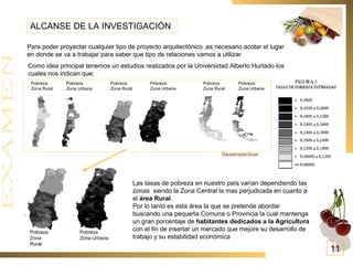 ALCANSE DE LA INVESTIGACIÓN  Para poder proyectar cualquier tipo de proyecto arquitectónico ,es necesario acotar el lugar en donde se va a trabajar para saber que tipo de relaciones vamos a utilizar Pobreza  Zona Rural Pobreza  Zona Urbana Pobreza  Zona Rural Pobreza  Zona Urbana Pobreza  Zona Rural Pobreza  Zona Urbana Como idea principal tenemos un estudios realizados por la Universidad Alberto Hurtado los cuales nos indican que:  Pobreza  Zona Rural Pobreza  Zona Urbana Las tasas de pobreza en nuestro país varían dependiendo las zonas  siendo la Zona Central la mas perjudicada en cuanto a el  área Rural . Por lo tanto es esta área la que se pretende abordar  buscando una pequeña Comuna o Provincia la cual mantenga un gran porcentaje de  habitantes dedicados a la Agricultura  con el fin de insertar un mercado que mejore su desarrollo de trabajo y su estabilidad económica  Geoperspectivas  11 