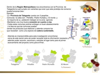 Dentro de la  Región Metropolitana  nos encontramos con la Provincia  de Talagante la cual cumple con variantes que aran que este prototipo de comercio pueda funcionar bien. Ejemplo: La  Provincia de Talagante  cuenta con 3 peqeñas  Comunas  la cales son : Peñaflor, Padre Hurtado y  El monte  y la mayoría de su  población trabajan en la zona  agrícola  -Mantienen una muy buena  conexión en cuanto a vías -Todas estas comunas podrían entregar un buen abastecimiento ( la idea es que las comunas puedan  vender los productos que elaboran y además comprar los  que necesitan  como una especie de  cadena sustentable. Además es imprescindible para esta investigación encontrarse  cerca de este sector para así poder recopilar toda la información necesaria y además poder recorrer, reconocer y estudiar el lugar tanto para el primer acercamiento del proyecto como para el final . Talagante Peñaflor Padre Hurtado El Monte  Tu Provincia.cl 12 Tu Provincia.cl 