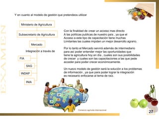 Y en cuanto al modelo de gestión que pretendeos utilizar   Ministerio de Agricultura   Subsecretario de Agricultura   Mercado   FIA  INDAP SAG  INIA   Integración a través de Con la finalidad de   crear un acceso mas directo A las políticas publicas de nuestro país , ya que el Acceso a este tipo de capacitación tiene muchas Limitantes las cuales impiden un mejor desarrollo agrario. Por lo tanto el Mercado servirá además de intermediario para así poder entender mejor las oportunidades que tiene la agricultura hoy en día , cuales son sus posibilidades de crecer  y cuales son las capacitaciones a las que pede acceder para poder crecer económicamente. Un nuevo modelo de gestión será la solución a los problemas de información , ya que para poder lograr la integración  es necesario enfocarse al tema de raíz.  Comercio agrícola internacional 27 