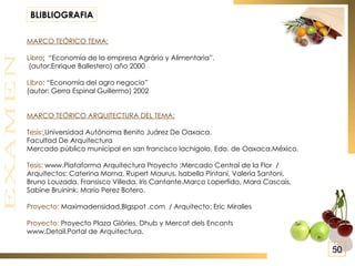 BLIBLIOGRAFIA MARCO TEÓRICO   TEMA: Libro :   “Economía de la empresa Agrária y Alimentaria”. (autor:Enrique Ballestero) año 2000 Libro : “Economía del agro negocio”  (autor: Gerra Espinal Guillermo) 2002 MARCO TEÓRICO ARQUITECTURA DEL TEMA: Tesis:   Universidad Autónoma Benito Juárez De Oaxaca.  Facultad De Arquitectura Mercado público municipal en san francisco lachigolo, Edo. de Oaxaca.México. Tesis:  www.Plataforma Arquitectura Proyecto :Mercado Central de la Flor  / Arquitectos: Caterina Morna, Rupert Maurus, Isabella Pintani, Valeria Santoni,  Bruno Louzada, Fransisco Villeda, Iris Cantante,Marco Loperfido, Mara Cascais,  Sabine Bruinink, Mario Perez Botero.  Proyecto:  Maximadensidad.Blgspot .com  / Arquitecto: Eric Miralles Proyecto:  Proyecto Plaza Glòries, Dhub y Mercat dels Encants  www.Detail.Portal de Arquitectura. 50 