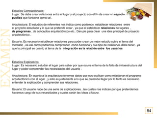 54 Estudios Correlaciónales: Lugar: Se debe crear relaciones entre el lugar y el proyecto con el fin de crear un  espacio  publico  que funcione como tal . Arquitectura: El estudios de referentes nos indica como podemos  establecer relaciones  entre el proyecto estudiado y lo que se pretende crear , ya que el establecer  relaciones  de lugares  ,  de programas  , de conceptos arquitectónicos etc.. Dan pie para crear  una idea principal de proyecto arquitectónico . Usuario: Es necesario establecer relaciones para poder crear un mejor estudio sobre el tema del mercado , es así como podremos comprender  como funciona y que tipo de relaciones debe tener , ya que lo principal en cuanto al tema de la  integración es la relación entre  los usuarios   Estudios Explicativos: Lugar: Es necesario estudiar el lugar para saber por que ocurre el tema de la falta de infraestructura del lugar y poder comprender las necesidades del usuario . Arquitectura: En cuanto a la arquitectura tenemos datos que nos explican como relacionan el programa arquitectónico con el lugar , y esto es justamente a lo que se pretende llegar por lo tanto es necesario entender la explicación y comprender sus relaciones. Usuario: El usuario nace de una serie de explicaciones , las cuales nos indican por que pretendemos hacernos cargo de sus necesidades y cuales serán las ideas a futuro. 