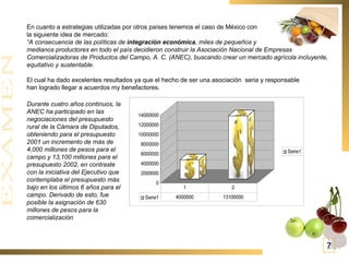 En cuanto a estrategias utilizadas por otros países tenemos el caso de México con la siguiente idea de mercado: “ A consecuencia de las políticas de  integración económica , miles de pequeños y  medianos productores en todo el país decidieron construir la Asociación Nacional de Empresas  Comercializadoras de Productos del Campo, A. C. (ANEC), buscando crear un mercado agrícola incluyente, equitativo y sustentable.  El cual ha dado excelentes resultados ya que el hecho de ser una asociación  seria y responsable han logrado llegar a acuerdos my benefactores.  Durante cuatro años continuos, la ANEC ha participado en las negociaciones del presupuesto rural de la Cámara de Diputados, obteniendo para el presupuesto 2001 un incremento de más de 4,000 millones de pesos para el campo y 13,100 millones para el presupuesto 2002, en contraste con la iniciativa del Ejecutivo que contemplaba el presupuesto más bajo en los últimos 6 años para el campo. Derivado de esto, fue posible la asignación de 630 millones de pesos para la comercialización   7 