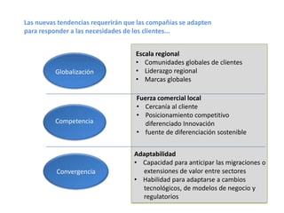 Las nuevas tendencias requerirán que las compañías se adapten
para responder a las necesidades de los clientes...

Globalización

Competencia

Convergencia

Escala regional
• Comunidades globales de clientes
• Liderazgo regional
• Marcas globales
Fuerza comercial local
• Cercanía al cliente
• Posicionamiento competitivo
diferenciado Innovación
• fuente de diferenciación sostenible
Adaptabilidad
• Capacidad para anticipar las migraciones o
extensiones de valor entre sectores
• Habilidad para adaptarse a cambios
tecnológicos, de modelos de negocio y
regulatorios

 