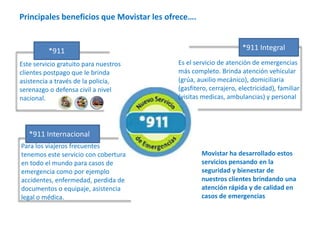 Principales beneficios que Movistar les ofrece….

*911
Este servicio gratuito para nuestros
clientes postpago que le brinda
asistencia a través de la policía,
serenazgo o defensa civil a nivel
nacional.

*911 Integral
Es el servicio de atención de emergencias
más completo. Brinda atención vehicular
(grúa, auxilio mecánico), domiciliaria
(gasfitero, cerrajero, electricidad), familiar
(visitas medicas, ambulancias) y personal

*911 Internacional
Para los viajeros frecuentes
tenemos este servicio con cobertura
en todo el mundo para casos de
emergencia como por ejemplo
accidentes, enfermedad, perdida de
documentos o equipaje, asistencia
legal o médica.

Movistar ha desarrollado estos
servicios pensando en la
seguridad y bienestar de
nuestros clientes brindando una
atención rápida y de calidad en
casos de emergencias

 