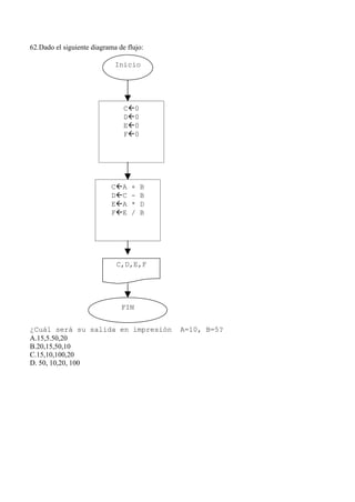 62.Dado el siguiente diagrama de flujo:

                             Inicio




                                C0
                                D0
                                E0
                                F0




                            CA   +   B
                            DC   -   B
                            EA   *   D
                            FE   /   B




                             C,D,E,F




                               FIN


¿Cuál será su salida en impresión         A=10, B=5?
A.15,5.50,20
B.20,15,50,10
C.15,10,100,20
D. 50, 10,20, 100
 