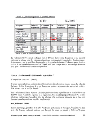 Le règlement 95/93 permet à chaque Etat de l’Union Européenne d’accorder à une autorité
nationale le soin de gérer les créneaux disponibles, en respectant trois principes fondamentaux :
la transparence de la procédure, la neutralité et la non-discrimination. En France, cette fonction
revient à une association dénommée COHOR, qui, pour chaque saison aéronautique (hiver et
été), gère l’attribution des créneaux disponibles.



Annexe 14 – Que vaut Ryanair sans les subventions ?

L’Expansion, 18/02/2011 (extrait)

Ryanair touche plusieurs centaines de millions d'euros de subventions chaque année. Le refus de
l'aéroport de Pau de continuer à payer illustre une tendance croissante des aéroports à résister.
Une menace pour le modèle Ryanair?

Pau a refusé le diktat de Ryanair. La compagnie voulait une augmentation de sa subvention de
100.000 euros, l'aéroport a répondu en la supprimant. Cas anecdotique pour Ryanair? Pas si sûr :
plusieurs plateformes n'accordent plus de rallonge à la compagnie irlandaise qui a basé son
business model en partie sur les aides qu'elle reçoit.

Pau, l'aéroport rebelle

Patrick de Stampa, président de la CCI Pau-Béarn, gestionnaire de l'aéroport, "regrette d'en être
arrivé là. Ryanair réclamait toujours plus d'argent. On nous convoquait et l'offre qu'ils nous

Sciences-Po Paris Master Finance et Stratégie – Examen final de stratégie de l’entreprise du 3 mai 2012   22
 