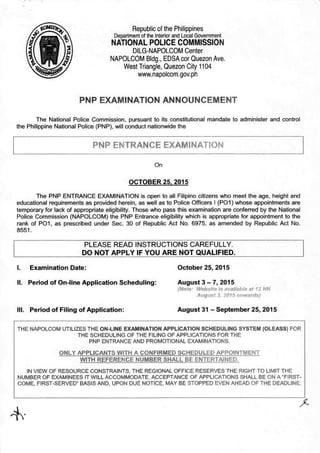 Napolcom Exam Announcement For October 2015