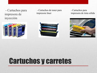 Cartuchos y carretes
- Cartuchos para
impresora de
inyección
- Cartuchos de toner para
impresora láser
- Cartuchos para
impresora de tinta sólida
 